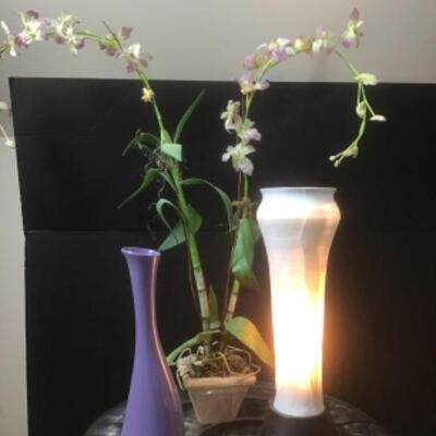 S - 1179   3 pc. Lot - Artisan Signed Ceramic Cylinder Lamp, Faux Plant & Purple Vase 