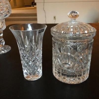 Lot 119. Stuart crystal vase, covered candy dish, two candlesticks with  votives--WAS $55â€“NOW $27.50