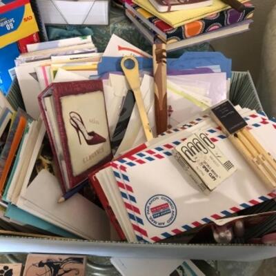 Lot 151. Large assortment of stationery, unused diaries, nutcrackers, office supplies, magnifying glass, thimbles, metal dog art--WAS...