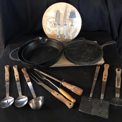 Lot 30 - Pioneer Woman Skillet and Wood Handled Utensils