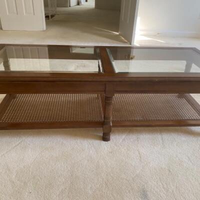 Vintage  Two Tier Wood Coffee Table Glass and Cane 