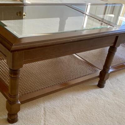 Vintage  Two Tier Wood Coffee Table Glass and Cane 