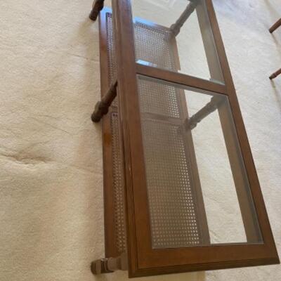 Vintage  Two Tier Wood Coffee Table Glass and Cane 