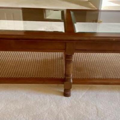 Vintage  Two Tier Wood Coffee Table Glass and Cane 