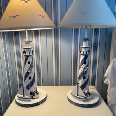 C284 Pair of Lighthouse Lamps with Seagull Shades 