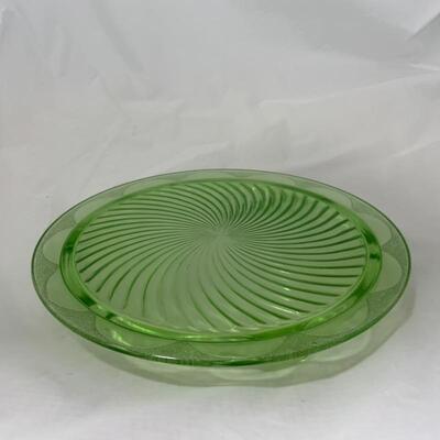 .147. VINTAGE | Green Swirl Depression Glass | Cake Plate | Chop Plate