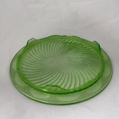 .147. VINTAGE | Green Swirl Depression Glass | Cake Plate | Chop Plate