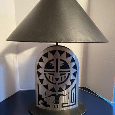 519 Signed Black and Silver Metal Aztec Style Lamp 