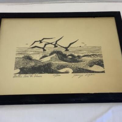 2000 Signed Framed and Numbered George Logan Etching Gulls Over The Dunes