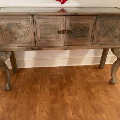 529 Distressed Wood carved Panel Glass top Console Table with Two Doors 