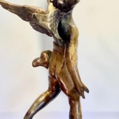 Old Bronze Sculpture of Cherub on Base 