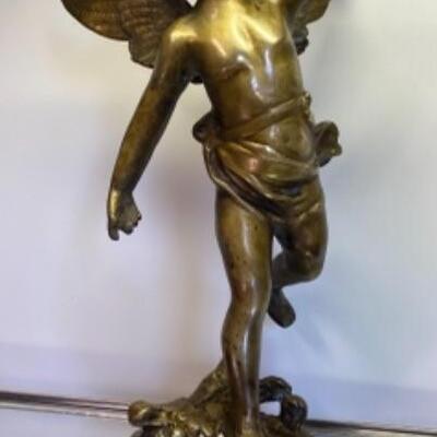 Old Bronze Sculpture of Cherub on Base 