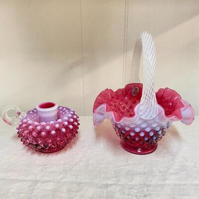 Fenton Hobnail Cranberry Candlestick Holder / Basket