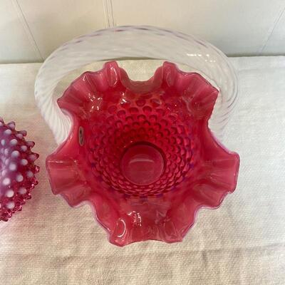 Fenton Hobnail Cranberry Candlestick Holder / Basket