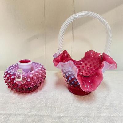 Fenton Hobnail Cranberry Candlestick Holder / Basket