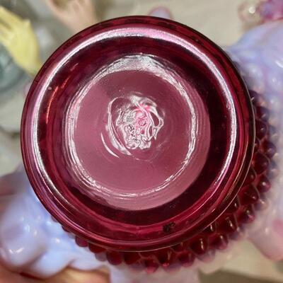 Fenton Hobnail Cranberry Candlestick Holder / Basket