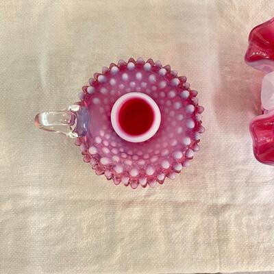 Fenton Hobnail Cranberry Candlestick Holder / Basket