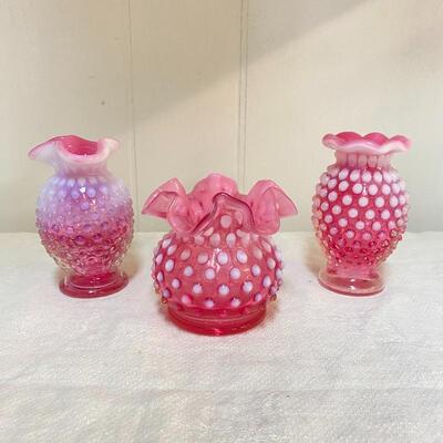 Fenton Cranberry Hobnail Mini Vase Trio