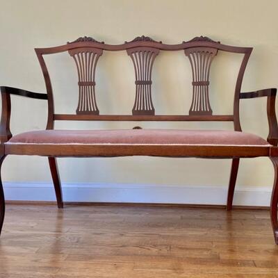 Edwardian Love Seat Settee Bench w Triple Sheaf of Wheat Back 