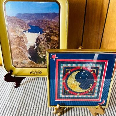 LOT 264   VINTAGE COCA COLA REPRO TRAY HOOVER DAM & FRAMED NEEDLEPOINT MAN IN THE MOON