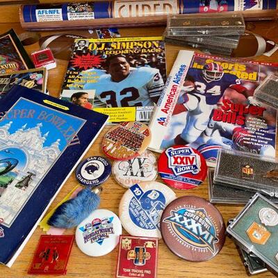 LOT 268  SUPER BOWL FOOTBALL GROUP POSTERS PROGRAMS BUTTONS PINS O J SIMPSON
