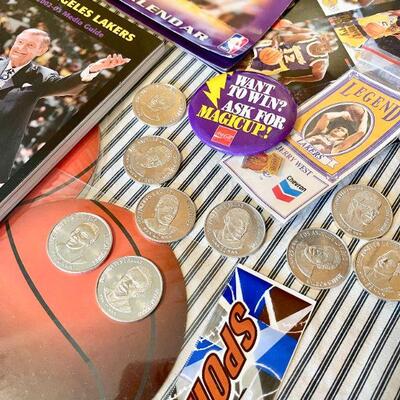 LOT 279  LAKERS 4 LIFE! GROUP OF LAKER'S MEMORABILIA FAN BOOSTER SIGNS MAGAZINES PINS MEDIA BOOK PLAYER COINS