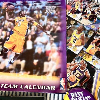 LOT 279  LAKERS 4 LIFE! GROUP OF LAKER'S MEMORABILIA FAN BOOSTER SIGNS MAGAZINES PINS MEDIA BOOK PLAYER COINS