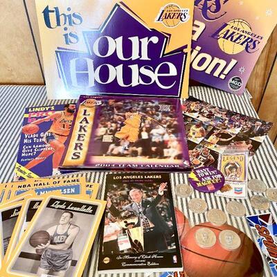 LOT 279  LAKERS 4 LIFE! GROUP OF LAKER'S MEMORABILIA FAN BOOSTER SIGNS MAGAZINES PINS MEDIA BOOK PLAYER COINS