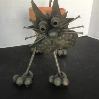 O - 1203. Scrap Metal Cat/ Flower Pot Sculpture 
