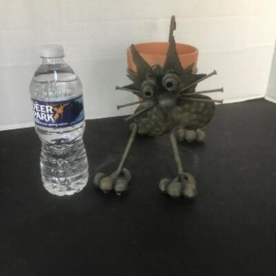 O - 1203. Scrap Metal Cat/ Flower Pot Sculpture 