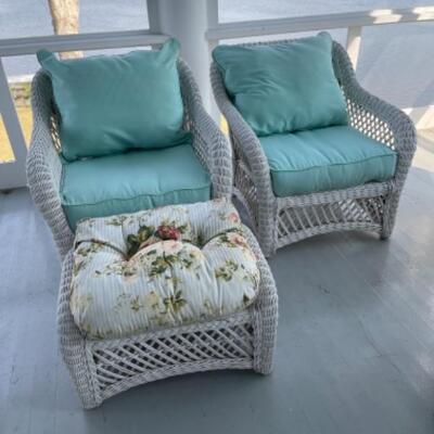 P328 Pair of Wicker Chairs with Aqua Cushions and one ottoman 