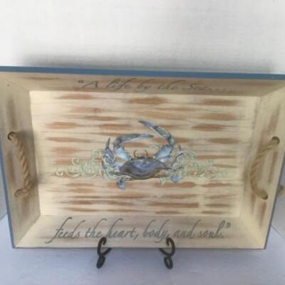 O - 1208. Beautiful Blue Crab Painted Wooden Tray 