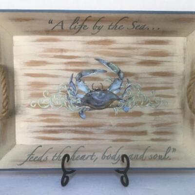 O - 1208. Beautiful Blue Crab Painted Wooden Tray 