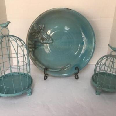 O - 1210. Pair of Metal Wire Bird Cages & Serving Platter /Bowl 