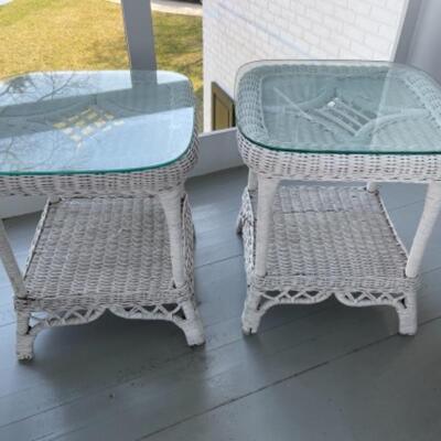P331 Pair of Glass Top  White Wicker Endtables  