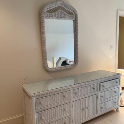 T356 Seven Drawer White Wicker Glass Top Dresser and Mirror 