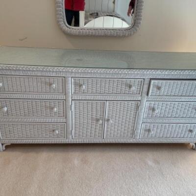 T356 Seven Drawer White Wicker Glass Top Dresser and Mirror 
