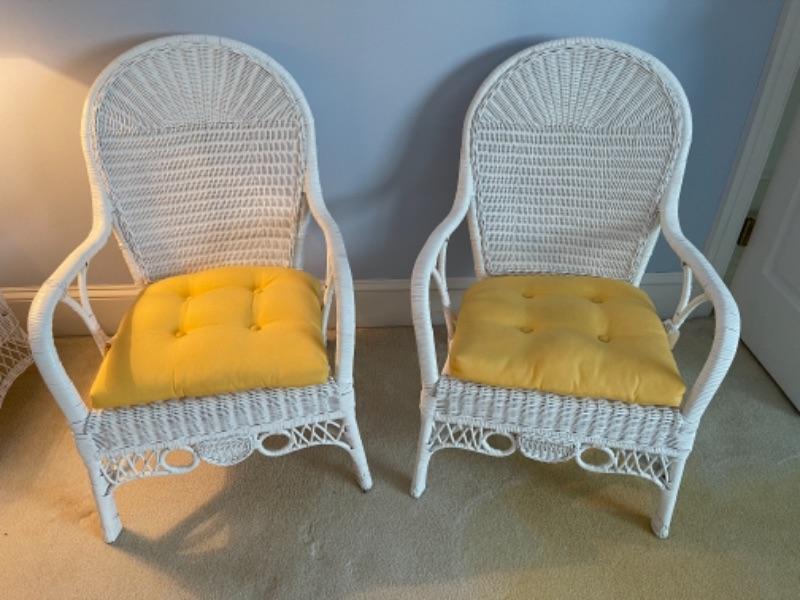 T363 Pair of White Wicker Chairs with cushions