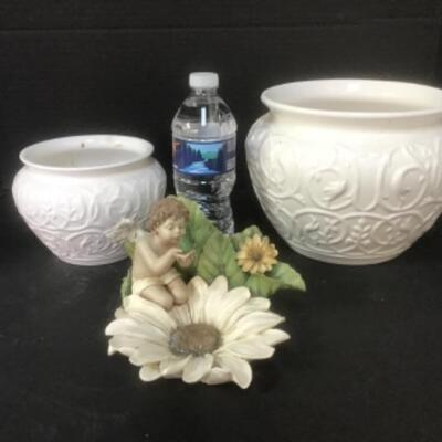 O - 1231  Pair of White Ceramic Flower Pots / Ceramic Angel Figurine 