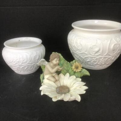 O - 1231  Pair of White Ceramic Flower Pots / Ceramic Angel Figurine 