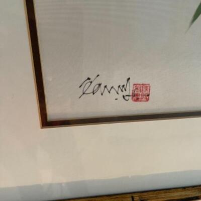 T364  Pair of Gold Framed Bamboo Asian Signed Artwork 