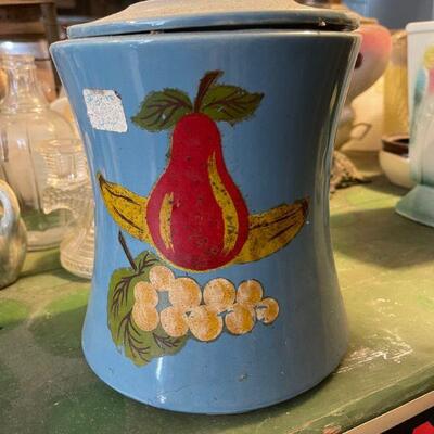 Pottery cookie jar / hand painted fruit 
