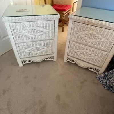 G317 Pair of White Wicker Two Drawer Nightstands 