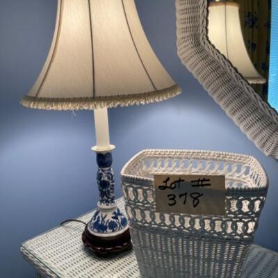 G378 Blue and White Porcelain Candlestick Lamp with Wicker Waste basket 