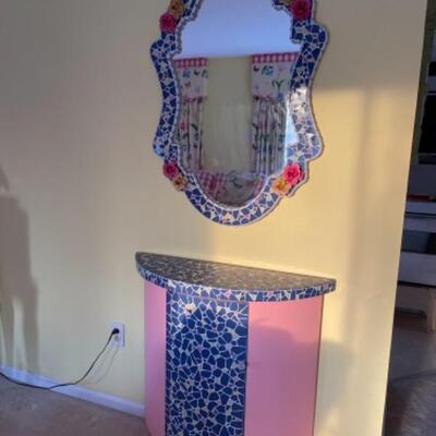 G389 Signed Mosaic Cabinet and Mirror 