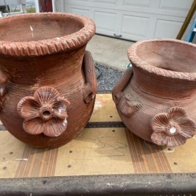 O610 Pair of Bird and Flower Terra Cotta Flower Pots 
