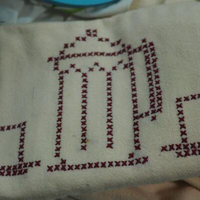 Lot 74  Vintage Red work on Muslin feed sacks
