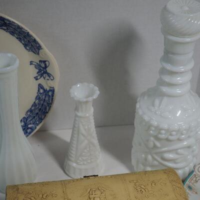 Lot 80 Victorian jewelry box, Tiffany perfume bottle, Milk Glass, Blue and white ceramics
