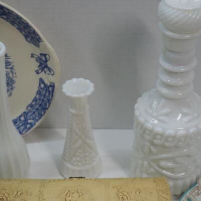 Lot 80 Victorian jewelry box, Tiffany perfume bottle, Milk Glass, Blue and white ceramics