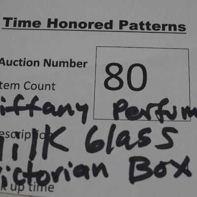 Lot 80 Victorian jewelry box, Tiffany perfume bottle, Milk Glass, Blue and white ceramics